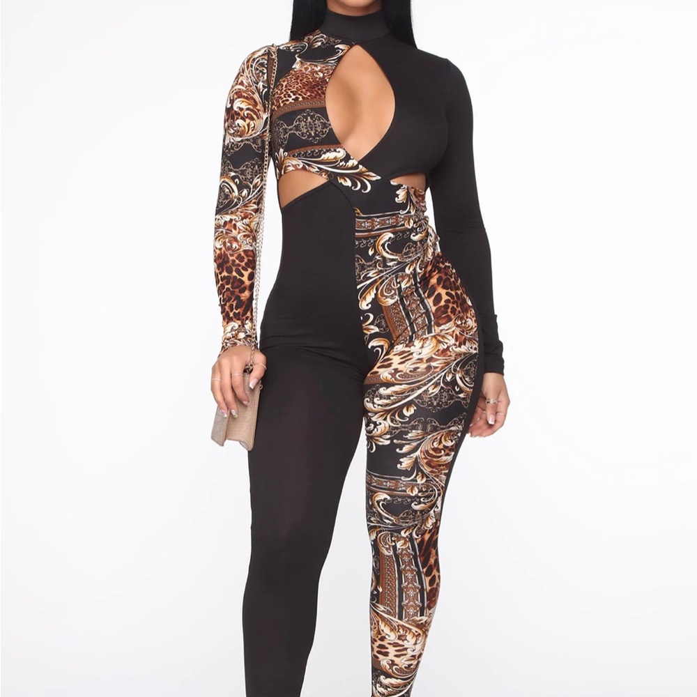 Half Black Half Animal Print Jumpsuit